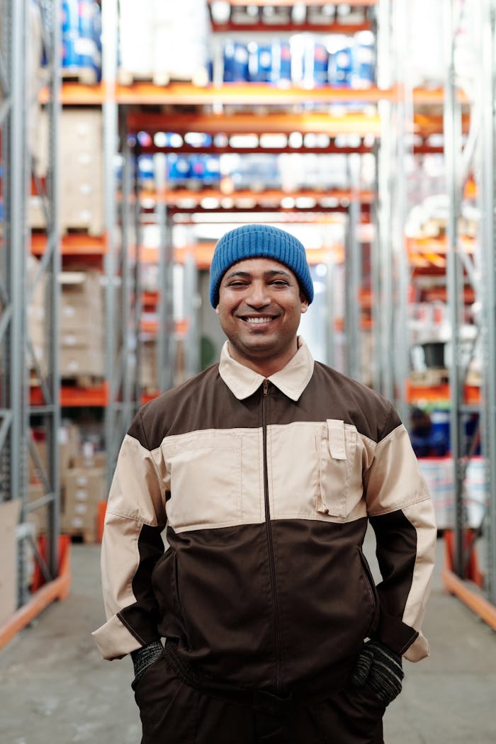 Happy warehouse worker smiling in a storeroom wearing a blue beanie and uniform.